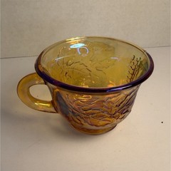 Amber Iridescent Carnival Glass Cup Embossed Leaf Pattern Pressed Glass