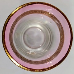 Bohemian Pink Fade Tumbler Juice Glasses Gold Overlay Swirl MCM Set Of 2