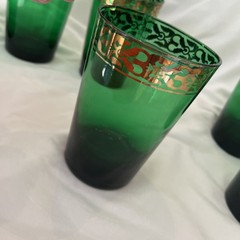 6 Pier 1 Flat Tumblers P1C73 Green Blown Glass 4.75” Gold Accent RETIRED