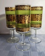 Set 3 Vintage Culver Starlyte Green 22k Gold Iced Tea Water Wine Goblet Glasses