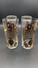 Culver -4- Vgt- 22K Gold MCM Peacock Jeweled High Ball Glasses-Signed-