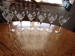 Etched Wine Floral Blown Smooth Stem Morning Glory – Set of 5 Glasses