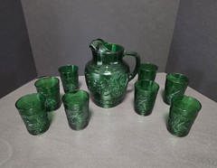 1950s Forest Green Sandwich Glass 1-64oz Pitcher with 8-9oz Tumblers