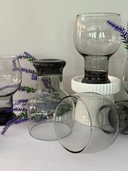 6 Vintage Federal Glass SUNDOWN Smoke Gray Pedestal Goblets, Retro Barware 1960s