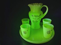 6 PC Fenton custard floral hand painted signed Uranium Lemonade set w/ Box
