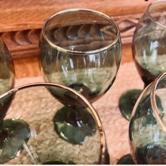 VTG Libby Juniper Green Water Wine Goblets Set Of 12 Glass Teardrop Gold Rim