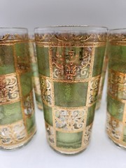 Culver Prado Green Gold High Ball Vintage Drinking Glasses Tumblers Set of 7 MCM
