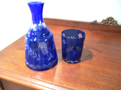 Antique Bohemian Cobalt Cut to Clear Tumble Up Set Circa 1920