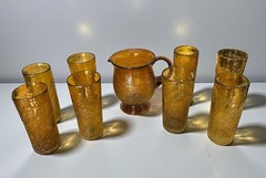 Vintage Art Glass Honey Gold Amber Crinkle Glass Pitcher And 8 Tumbler Set 7”h