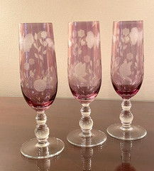 Romanian Etched Butterflies Ladybugs Dragonflies Amethyst CHAMPAGNE Glasses 6 PC
