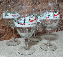 4 – Libbey Winter Village Water Goblets (2 Sizes 7″ & 7.5″)