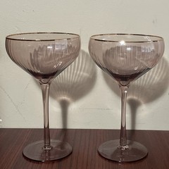 2 Mary Square Ribbed Coupe Rose Pink Gold Rim Champagne Stemware