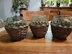 Three Vintage Green Glass Goblets In Wicker Baskets