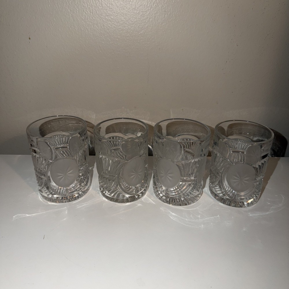Set of 4 Glass Tumblers HORN OF PLENTY Pattern 3 5/8 “ tall excellent condition