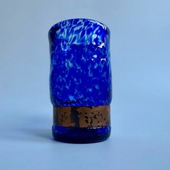 Unique Handblown Cobalt Blue Glass Copper Band Cup Tumbler Vase Art 5.75″ Tall
