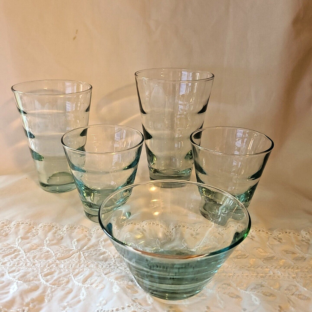 Mixed LOT 6 VTG Libbey Saturn Optic Aqua Ripple Cooler/Tumblers & Bowl