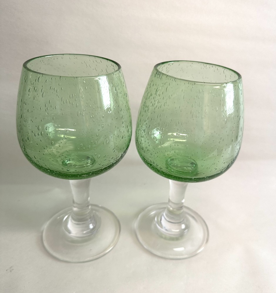 2 Hand Blown Green Wine Goblets Art Glass Controlled Bubbles Clear Stems 14oz