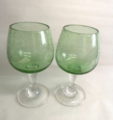 2 Hand Blown Green Wine Goblets Art Glass Controlled Bubbles Clear Stems 14oz