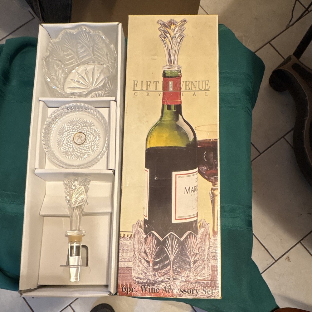 Fifth Ave Ltd Crystal Wine Accessory Set 6 Piece. 24% Lead New