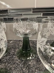 5 Roemer Beehive Emerald Green Stem Crystal Wine Glasses w Grape Etching Vintage