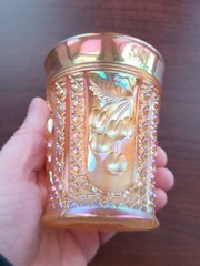 Electric Marigold Intaglio Cherry Terry Crider Art Glass Carnival Glass Tumbler