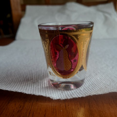 MCM Cera Fruit Pear Grapes Pineapple Burgundy Shot Glass 22kt trim
