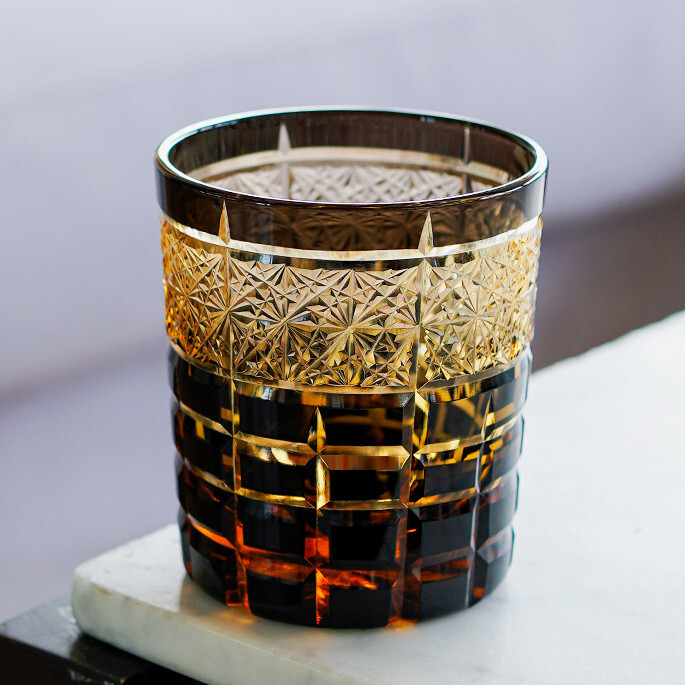 Handmade Whisky Glass Edo Kiriko Glass Bourbon Cocktail Tumbler Amber Black