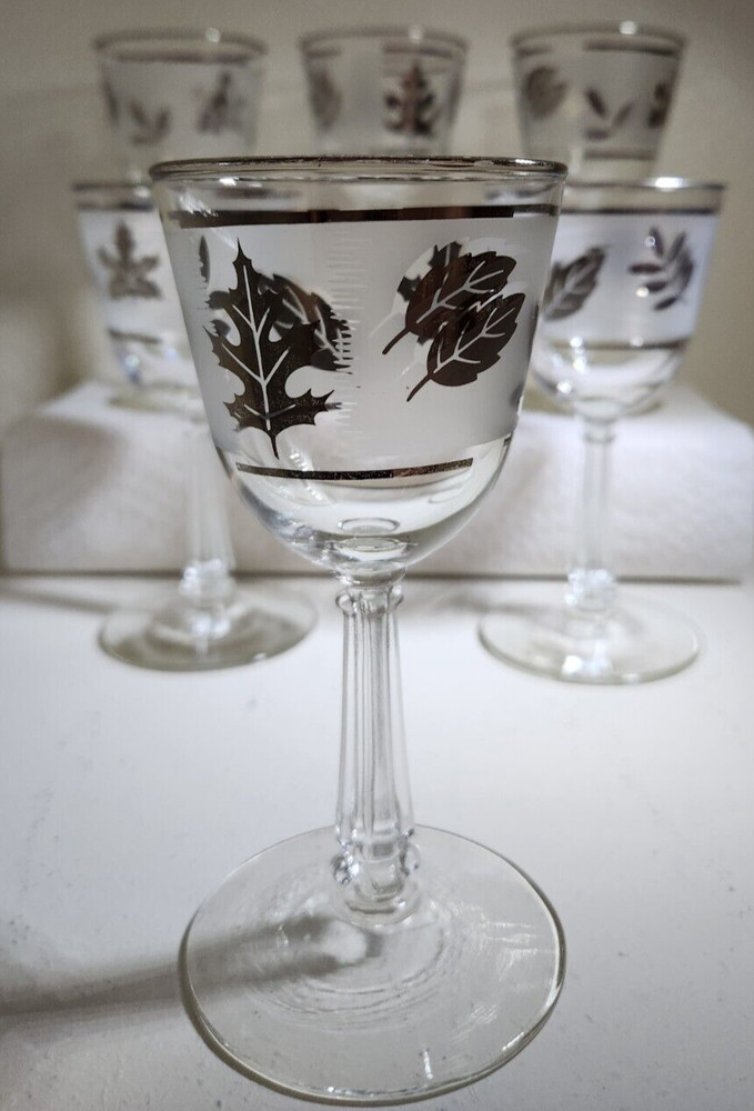 (6pc) Silver Foliage by Libbey 5oz Sherry Silver Leaf on Frosted Glass 5 3/4″