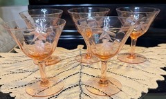 Vintage Pink Depression Etched Champagne Sherbet Coupe Glasses X 5 Glow