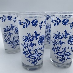 Vintage Blue Onion Tumblers Frosted White and Blue on Clear Glass Set of 6