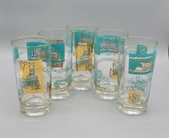 Vintage MCM Glass Hi-Ball Tumblers Retro Teal Turquoise & Gold Steam Boat Theme