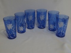 HAZEL ATLAS ANGEL FISH RITZ BLUE COCKTAIL SHAKER & 6 TUMBLERS