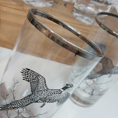 Set Of 8 Vintage Silver Rimmed Federal Glass Wild Game Bird Pheasant Glasses