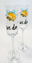 Rae Dunn Magenta WE DO Champagne Flute Toasting Glasses Wedding Bride Groom EUC