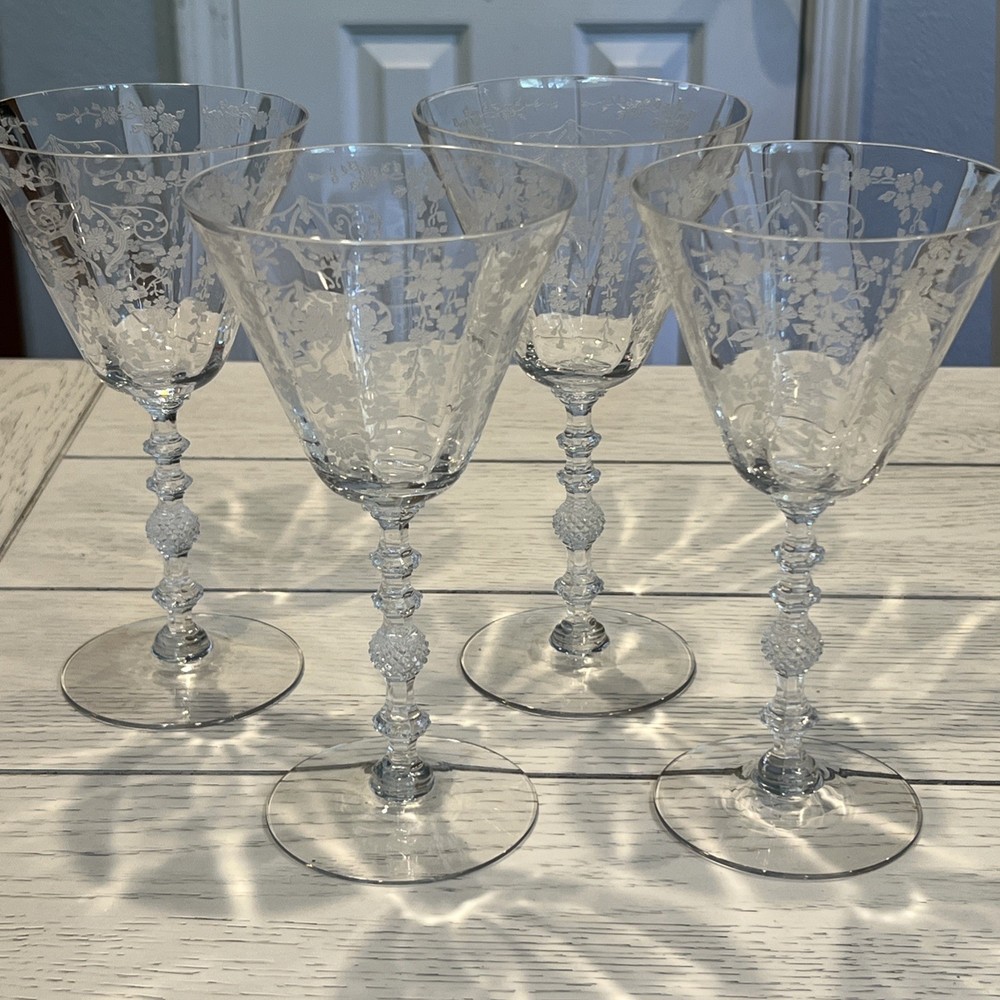 4 Beautiful Vintage Cambridge Glass Diane Pattern Floral Etched Goblets 7 1/8”