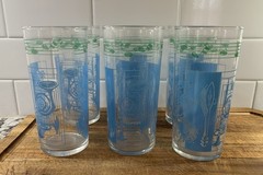 RARE MCM Hazel Atlas Highball Glasses Green Musical Notes & Blue Instruments VTG