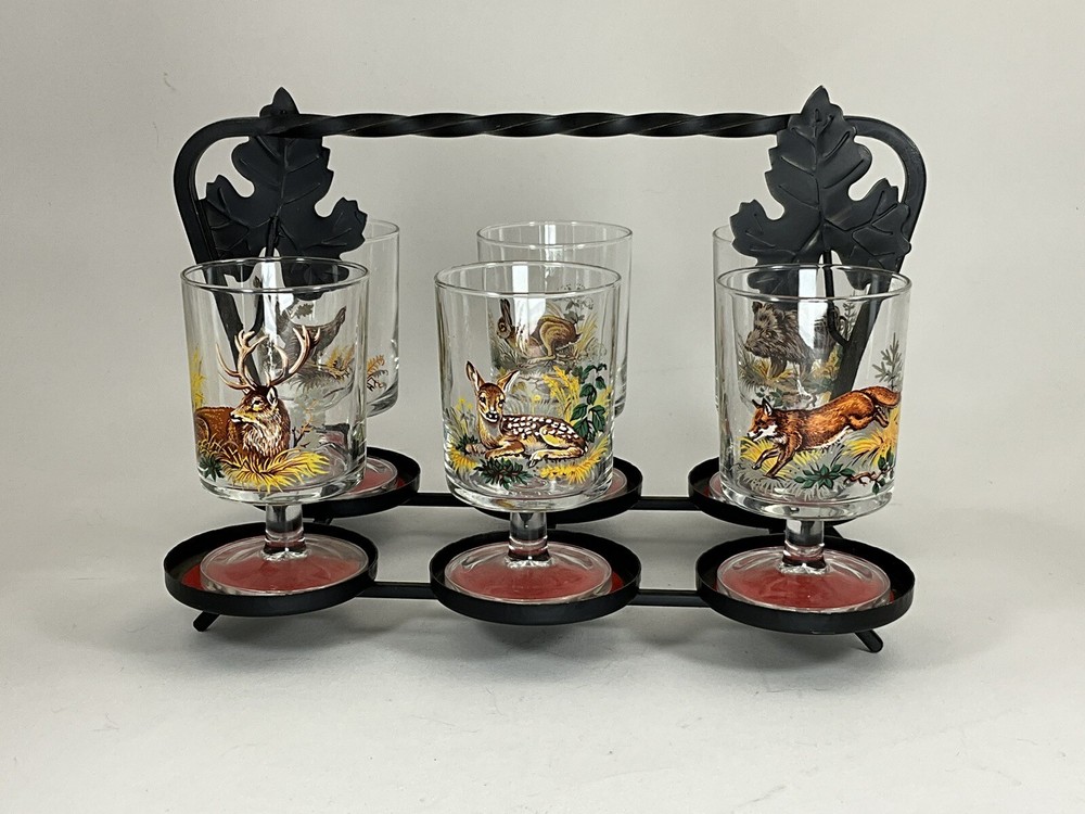 HAND PAINTED HUNTING WILDLIFE LIQUOR GLASSES SET OF 6 With Stand Deer Rabbit Fox