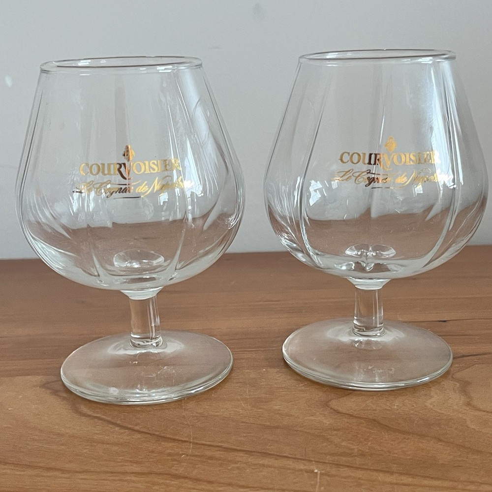 Set Of 2 Courvoisier Cognac Gold Emblem Ribbed Footed Brandy Snifter Glass