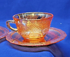 Set of 3 Federal Marigold Iridescent Depression Glass Normandie Cups And Saucer