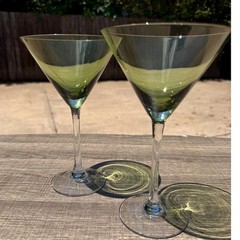 Vintage Olive Green Martini Glass Art Glass Cocktail Stemware 8” Contemporary