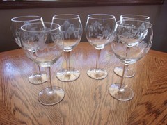 Wine Etched 8 Oz Floral Gray Blown Smooth Stem – Set of 6 Glasses