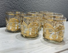 Vintage Culver Glass Mushroom Lowball Glasses 22k Gold Mid Century Set of 6 MCM