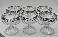 6 Heisy Antique Silver Overlay Dessert Sherbet Champ Coupe Glasses Art Nouveau