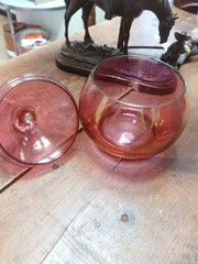 Vintage Handmade West Virginia Glass, Cranberry Lidded Candy Dish, With Label