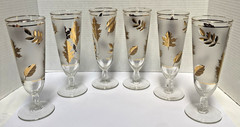 6 Vtg MCM Pilsner Glasses Gold Leaf Frosted Footed Stemmed Beer Foliage Drinking