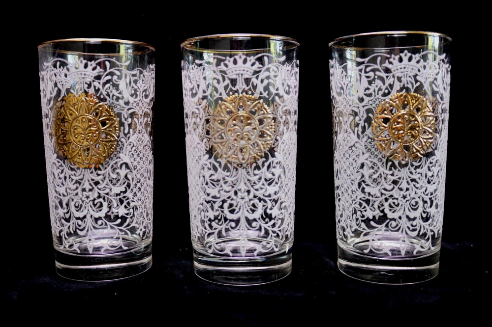 Rare Libbey Glass Gold Medallion WHITE LACE 3 Glass Tumbers Gold Trim Retro
