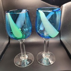 2 Hand Blown Art Glass Blue W/Swirling Pattern Wine Goblets 8 in Tall 3 in Wide