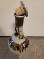Vintage Pottery Decanter 2 Cups Hand Glaze Cork Stopper Brown