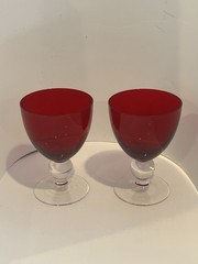 Vintage Ruby Red Clear Footed Ball Stem Wine Water Goblets 2