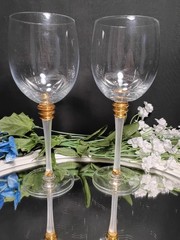 2 White Frost Stem, Triple Gold Lozenge Crystal Wine Glasses Pair Set